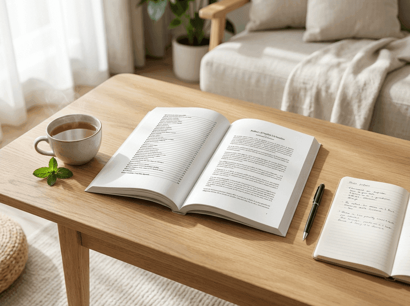 Livre ouvert sur une table avec une tasse de thé